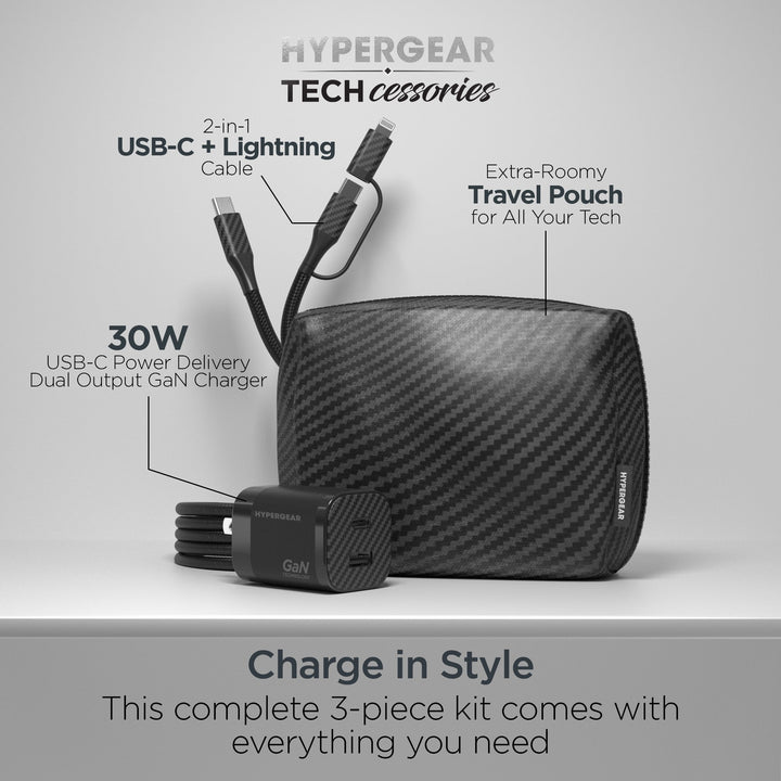 HyperGear TECHcessories | 30W USB - C PD Charging Kit with Travel Pouch | Carbon Fiber - US Stores