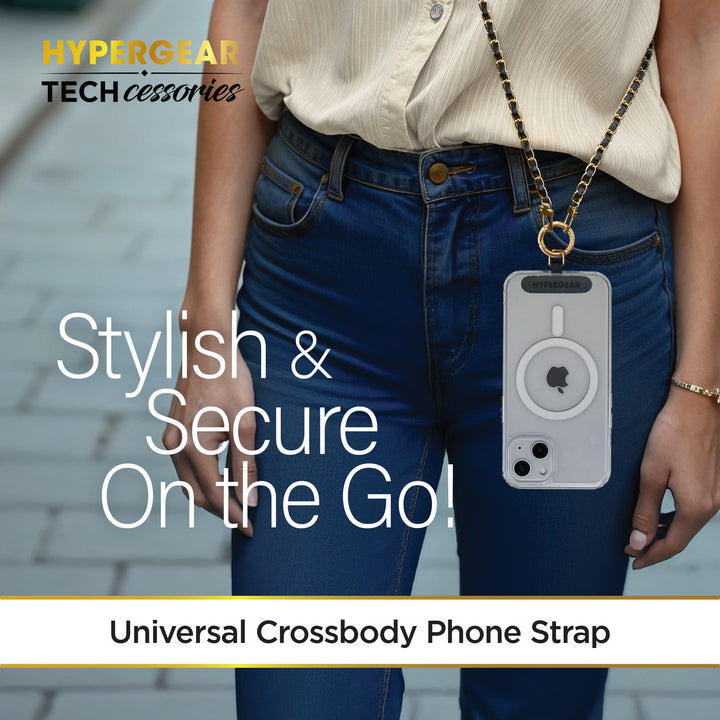 HyperGear TECHcessories | Universal Crossbody Phone Strap | Gold Chain with Black Vegan Leather - US Stores