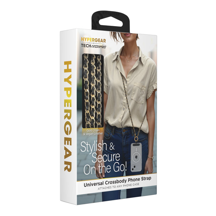 HyperGear TECHcessories | Universal Crossbody Phone Strap | Gold Chain with Black Vegan Leather - US Stores