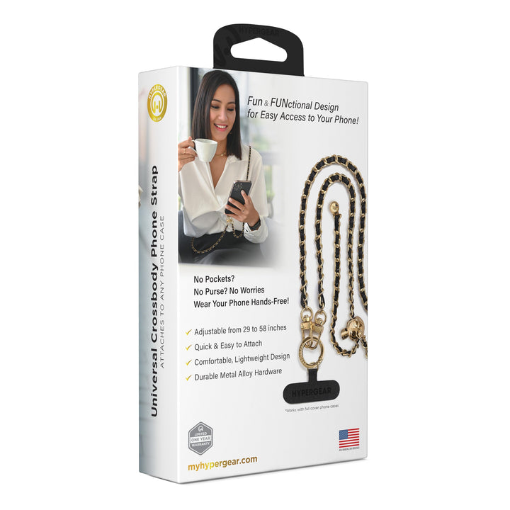 HyperGear TECHcessories | Universal Crossbody Phone Strap | Gold Chain with Black Vegan Leather - US Stores