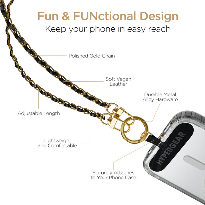 HyperGear TECHcessories | Universal Crossbody Phone Strap | Gold Chain with Black Vegan Leather - US Stores