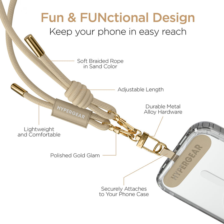 HyperGear TECHcessories | Universal Crossbody Phone Strap | Sand Braided Rope - US Stores