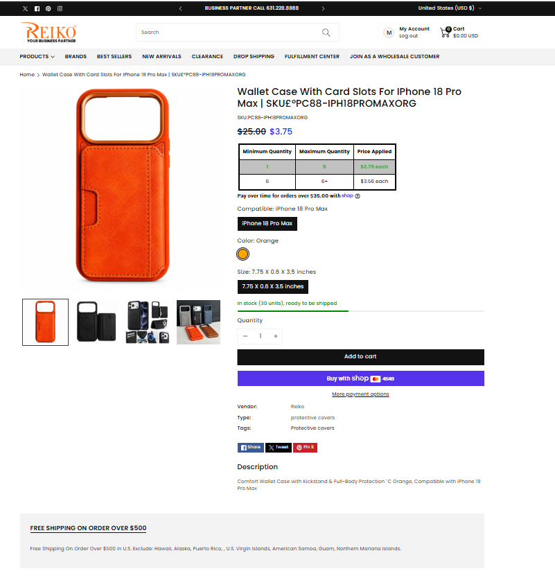 Supplier screenshot of an orange Reiko wallet case listing