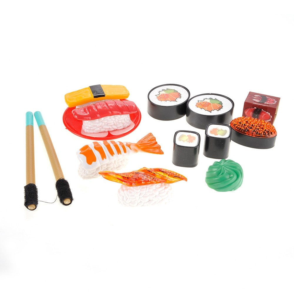Open bento storage box revealing assorted wooden and plastic toy sushi pieces