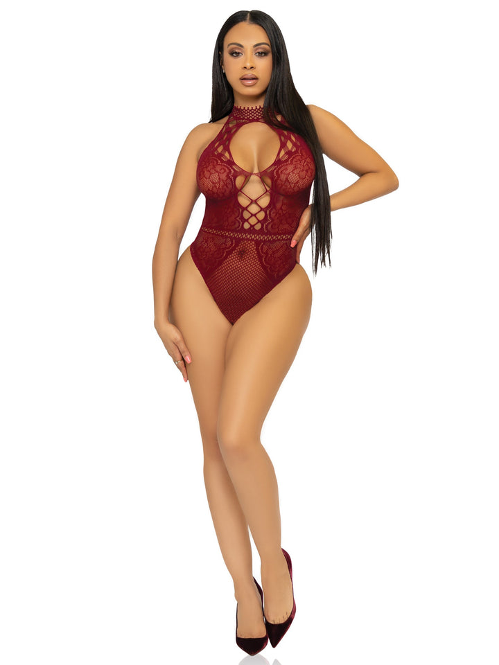 Net and Lace Keyhole Halter Bodysuit - One Size - Burgundy - US Stores