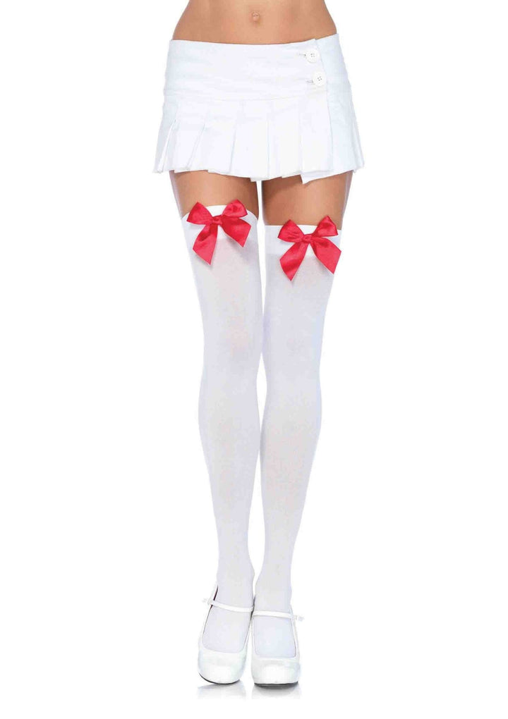 Nylon Over the Knee Socks - White With Red Bow - US Stores