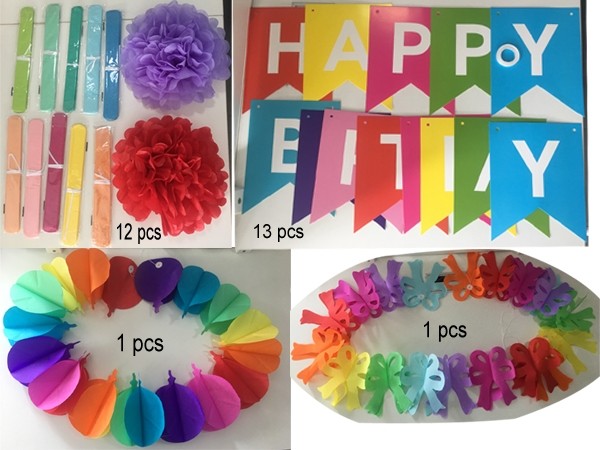 Birthday Party Paper Decorations, 15 Pieces (Rainbow Color)