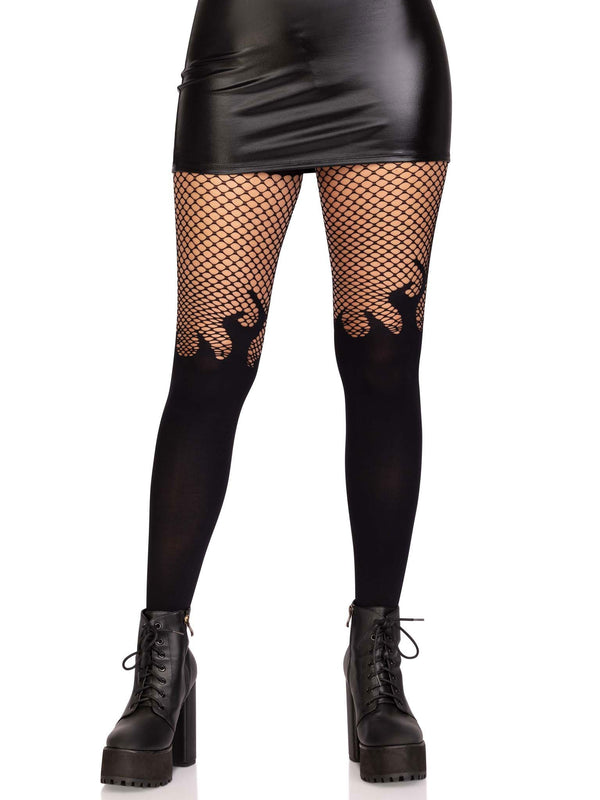 Opaque Flame Tights With Fishnet Top - One Size - Black - US Stores