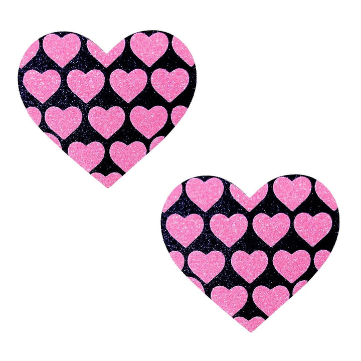 Pink Heart Neon Valentines Black Glitter Heart Nipple Cover Pasties - US Stores
