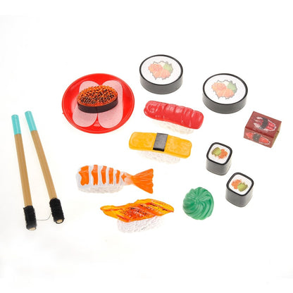 Close-up of pretend play salmon nigiri, shrimp, and maki rolls toy food
