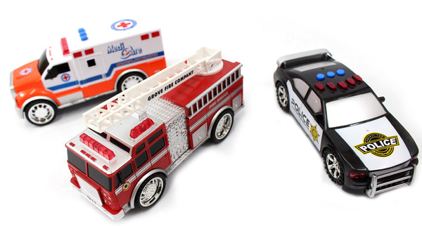 3-in-1 Emergency Vehicle Toy PlaySet For Kids (Fire Truck, Police Car, Ambulance)