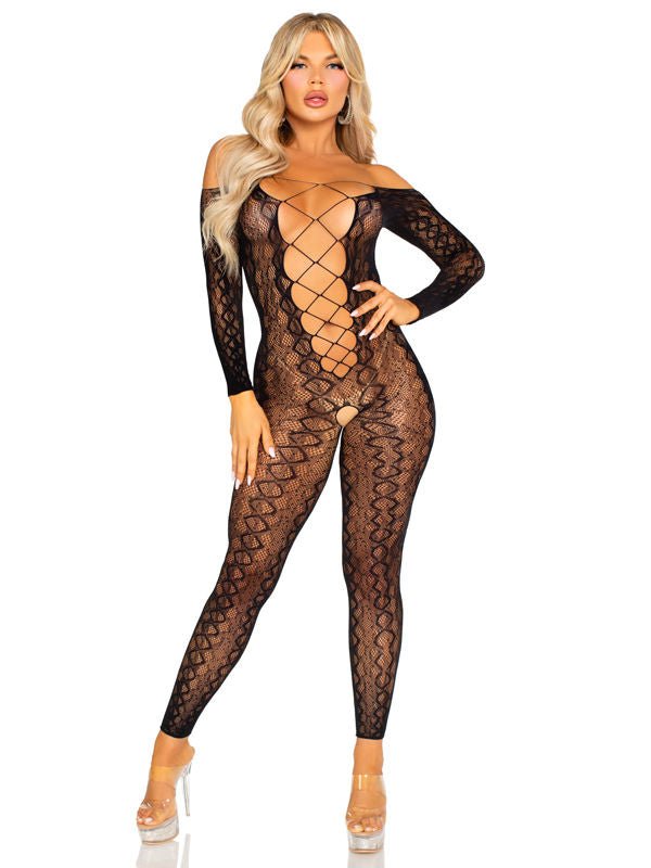 Python Net Crotchless Footless Lingerie Jumpsuit O/s - Black - US Stores