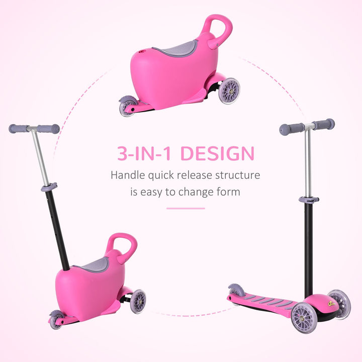 Qaba 3 - in - 1 Kids Scooter Walker Push Car, Pink, Height Adjustable, with Storage, Durable - US Stores