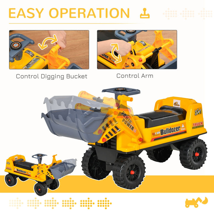 Qaba Bulldozer Ride - On Toy Excavator, Multi - functional with Steering Wheel, Under Seat Storage, Yellow, Ages 2 - 3 - US Stores