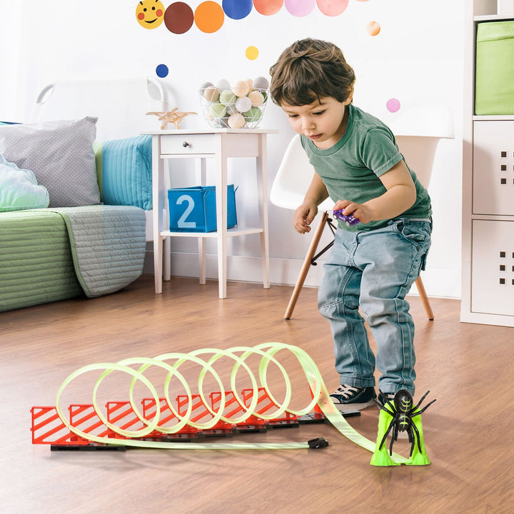 Qaba DIY Criss - Cross Track Set with Luminous Effect, Spider Model Pull - back Car, for Ages 3 - 6, Green, Red - US Stores