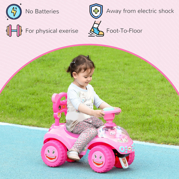Qaba Foot to Floor Toddler Push Car w/ Horn, Light, Music, Anti - Over - Backwards Device & Underseat Storage, Pink - US Stores