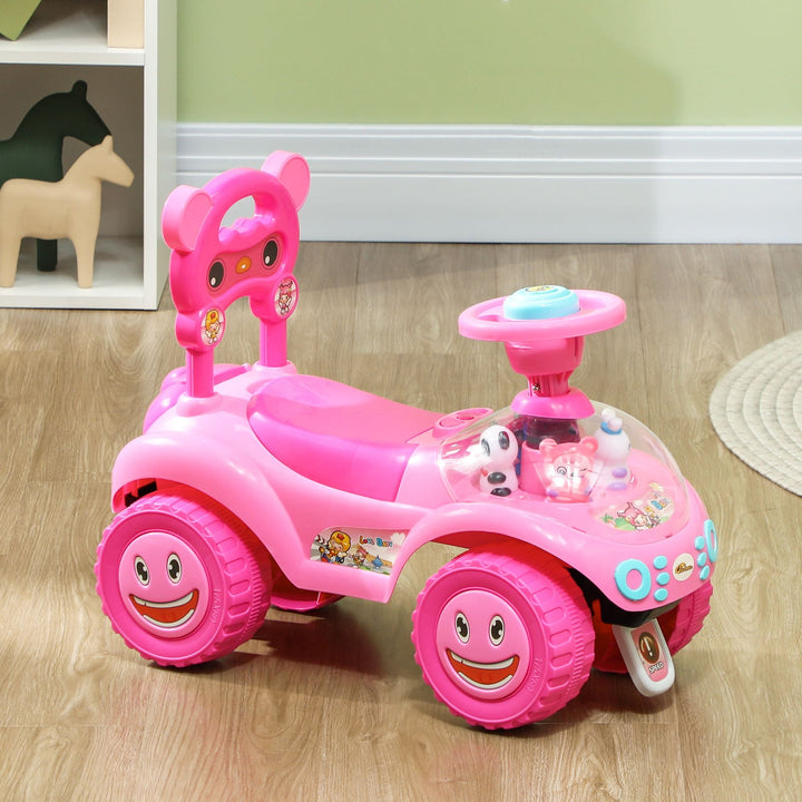 Qaba Foot to Floor Toddler Push Car w/ Horn, Light, Music, Anti - Over - Backwards Device & Underseat Storage, Pink - US Stores