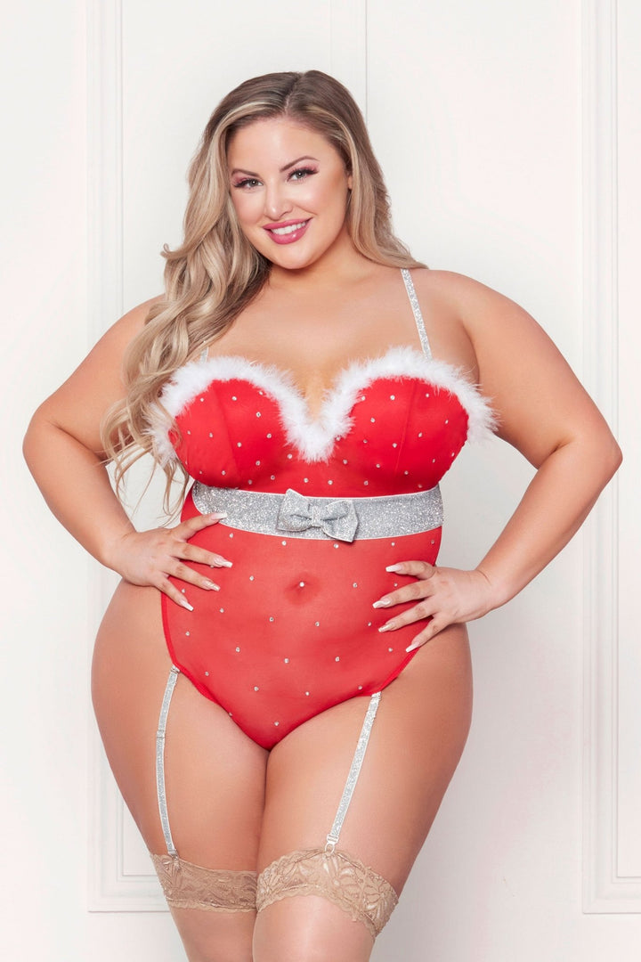 Rhinestone Studded Mesh Teddy With Marabou Trim - X - Large - Red - US Stores