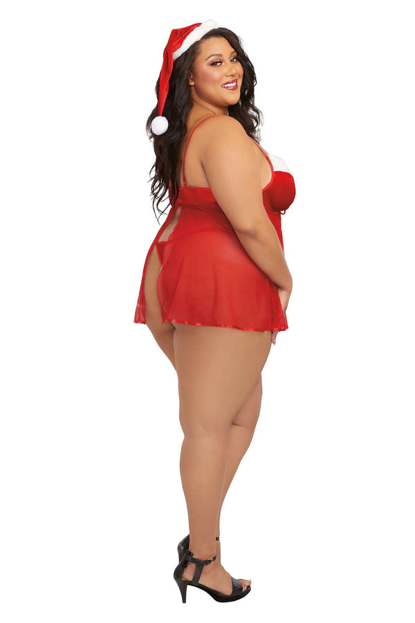Santa Babydoll, Thong and Hat - 2x - Lipstick Red - US Stores
