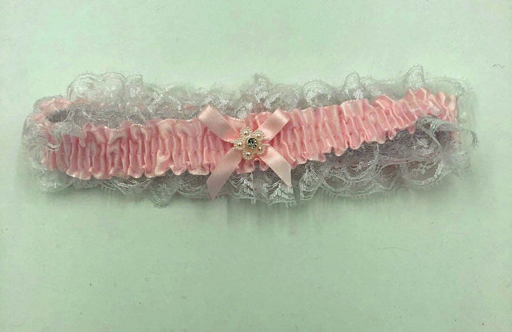 Satin Leg Garter - One Size - Baby Pink With White Lace - US Stores