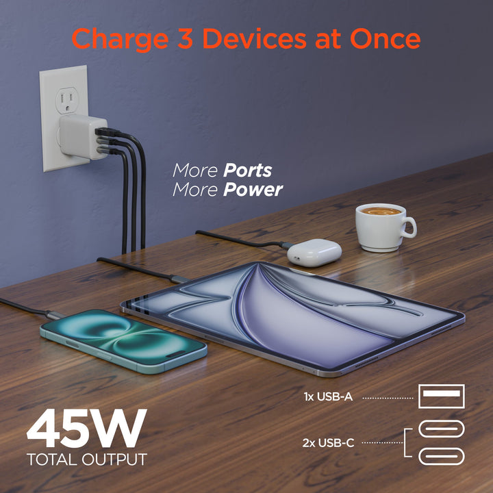 SpeedBoost 45W USB - C PD Tri - Port GaN Fast Wall Charger with PPS | White - US Stores
