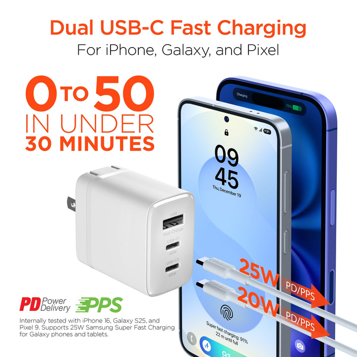 SpeedBoost 45W USB - C PD Tri - Port GaN Fast Wall Charger with PPS | White - US Stores