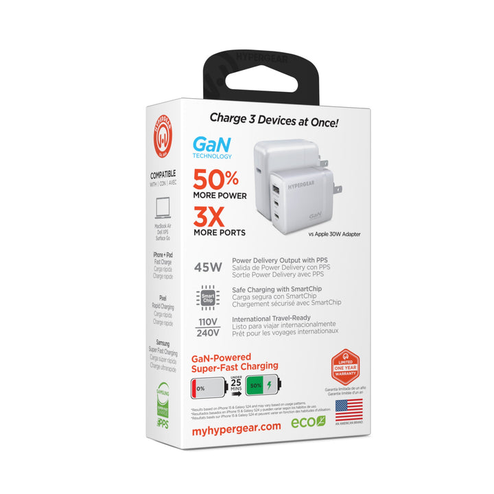 SpeedBoost 45W USB - C PD Tri - Port GaN Fast Wall Charger with PPS | White - US Stores