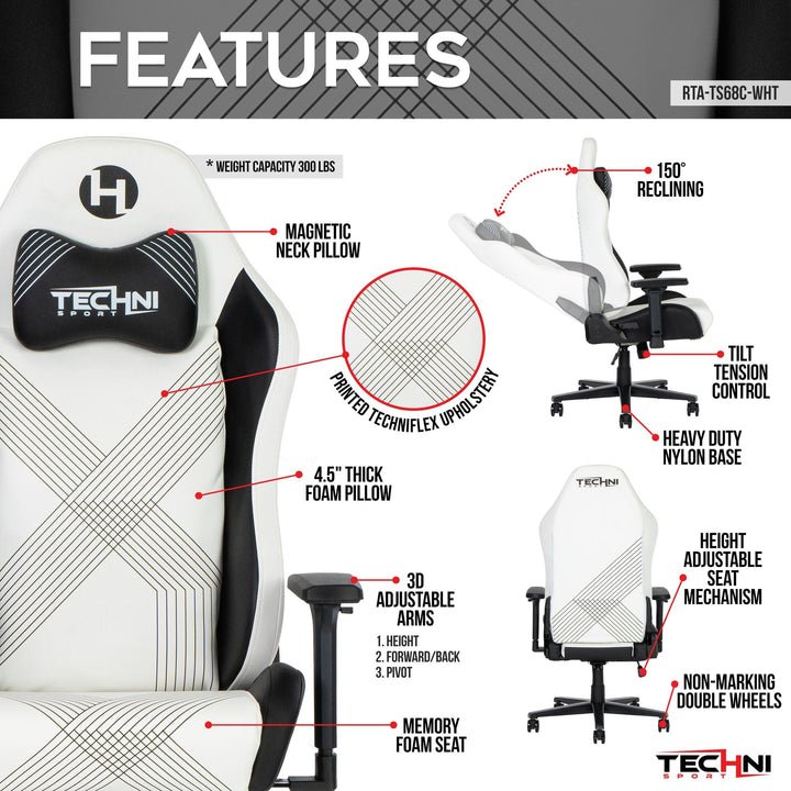 Techni Sport RTA - TS68C - WHT Comfort Edge White Gaming Chair - US Stores