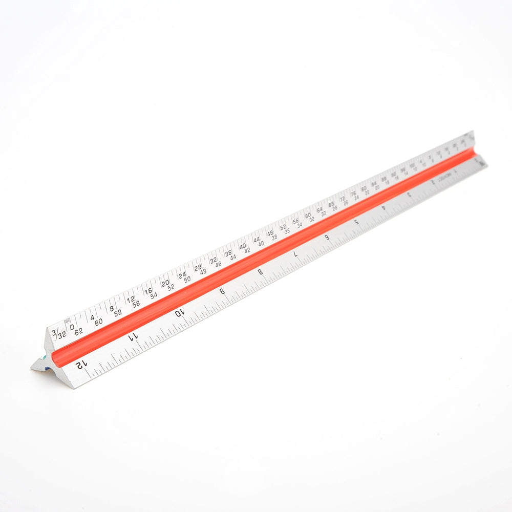 Triangular architectural drafting ruler designed for measuring scaled drawings