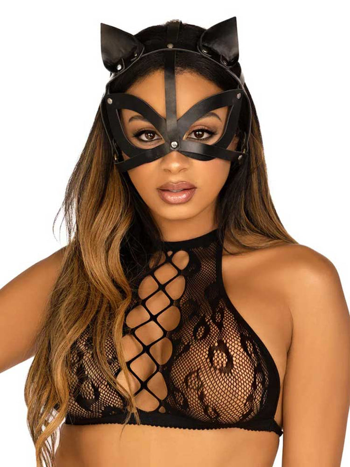 Vegan Leather Studded Cat Mask - Black - US Stores