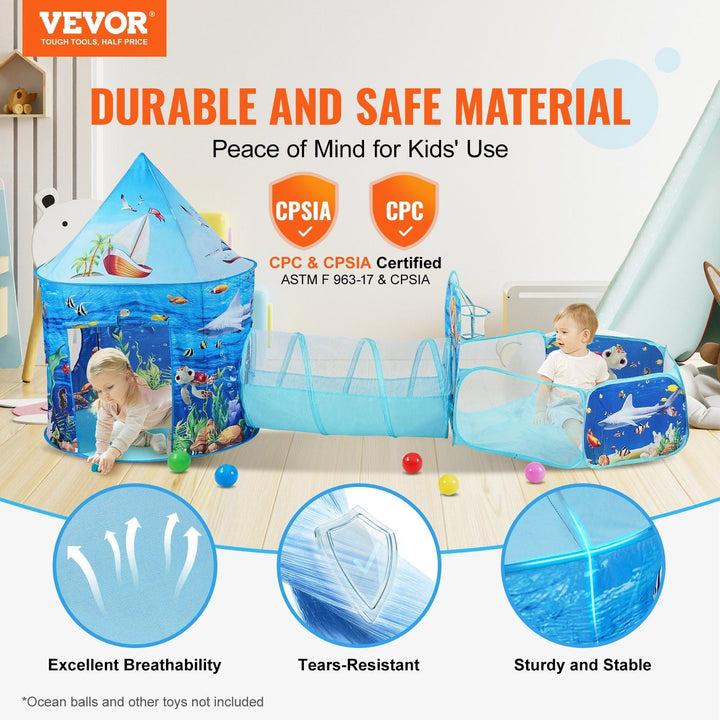 VEVOR 3 - in - 1 Kids Play Tent with Tunnel & Basketball Hoop, Indoor/Outdoor Pop - Up Playhouse with Carry Bag, Blue Ocean - US Stores