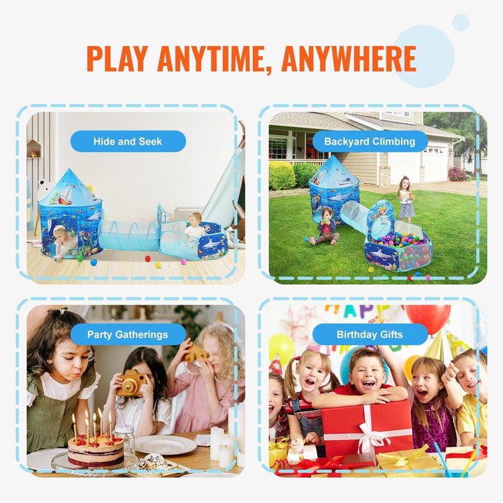 VEVOR 3 - in - 1 Kids Play Tent with Tunnel & Basketball Hoop, Indoor/Outdoor Pop - Up Playhouse with Carry Bag, Blue Ocean - US Stores