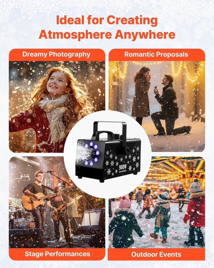 VEVOR 900W Snow Machine with 9 LED RGB Lights, 12 LED Lighting Colors, and Wireless Remote, Handheld/Hanging Outdoor Snowflake Machine Fake Snow Machines with 1L Tank for Christmas Party - US Stores