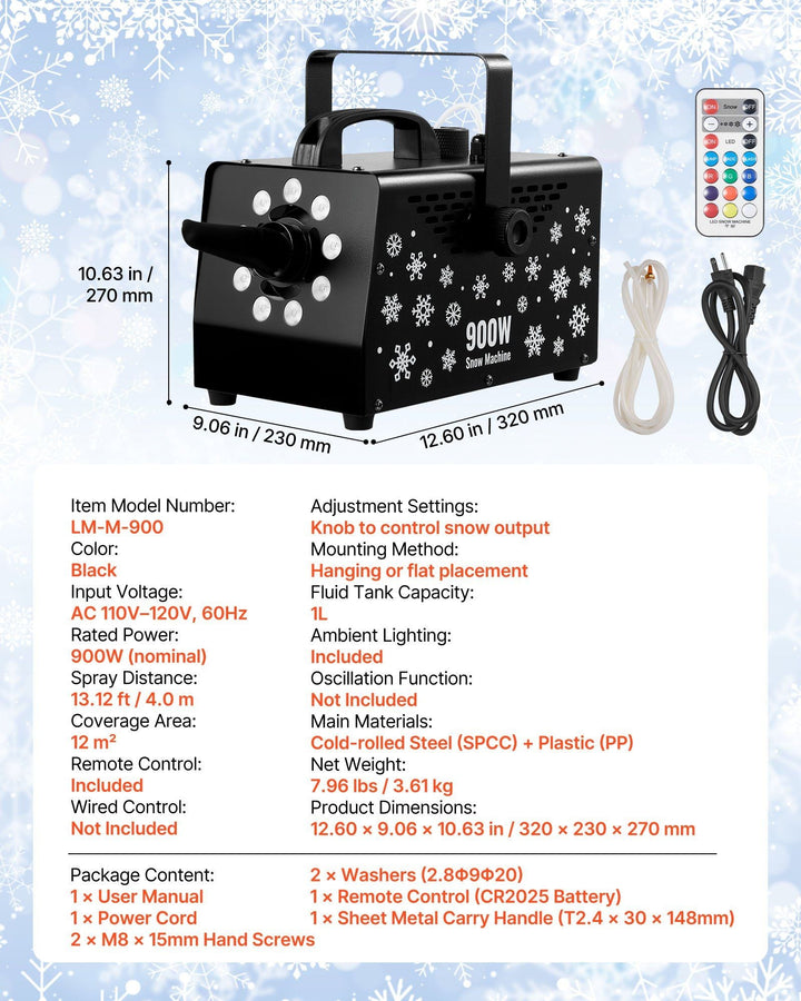 VEVOR 900W Snow Machine with 9 LED RGB Lights, 12 LED Lighting Colors, and Wireless Remote, Handheld/Hanging Outdoor Snowflake Machine Fake Snow Machines with 1L Tank for Christmas Party - US Stores