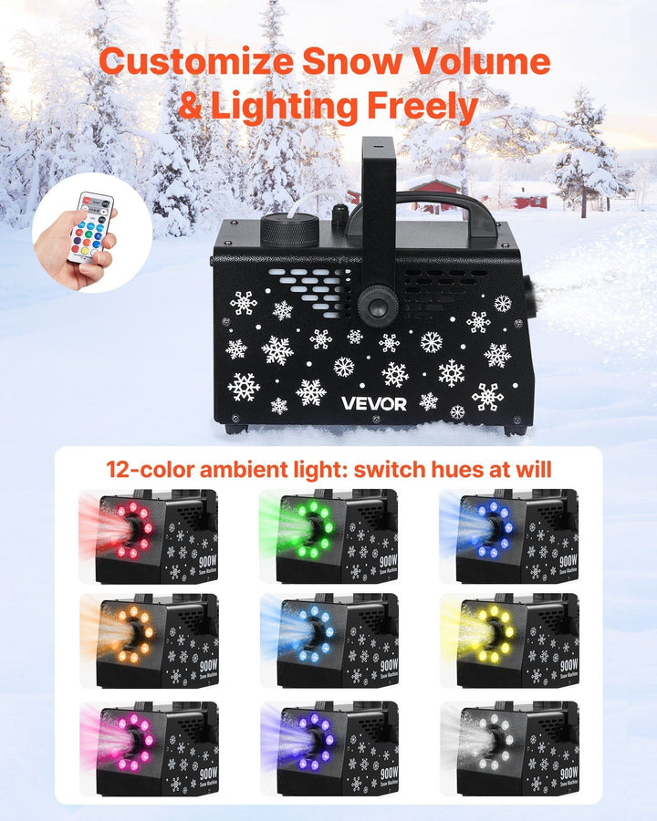 VEVOR 900W Snow Machine with 9 LED RGB Lights, 12 LED Lighting Colors, and Wireless Remote, Handheld/Hanging Outdoor Snowflake Machine Fake Snow Machines with 1L Tank for Christmas Party - US Stores