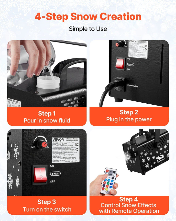 VEVOR 900W Snow Machine with 9 LED RGB Lights, 12 LED Lighting Colors, and Wireless Remote, Handheld/Hanging Outdoor Snowflake Machine Fake Snow Machines with 1L Tank for Christmas Party - US Stores