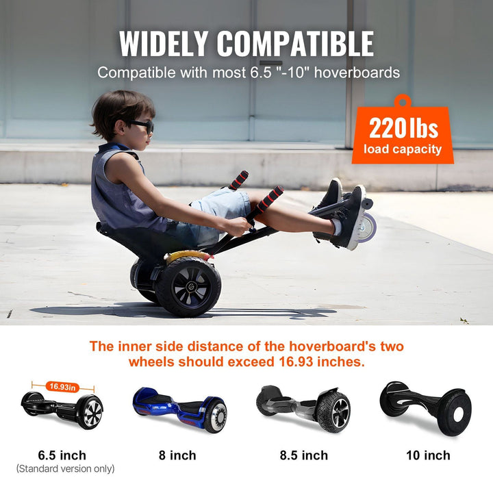 VEVOR Hoverboard Seat Attachment, Compatible with All 6.5" 8" 8.5" 10" Hoverboards, Grips Control, Adjustable Frame Length and 220 LBS Load Capacity, Hover Board Go Karts Accessory, for Kids Adults - US Stores