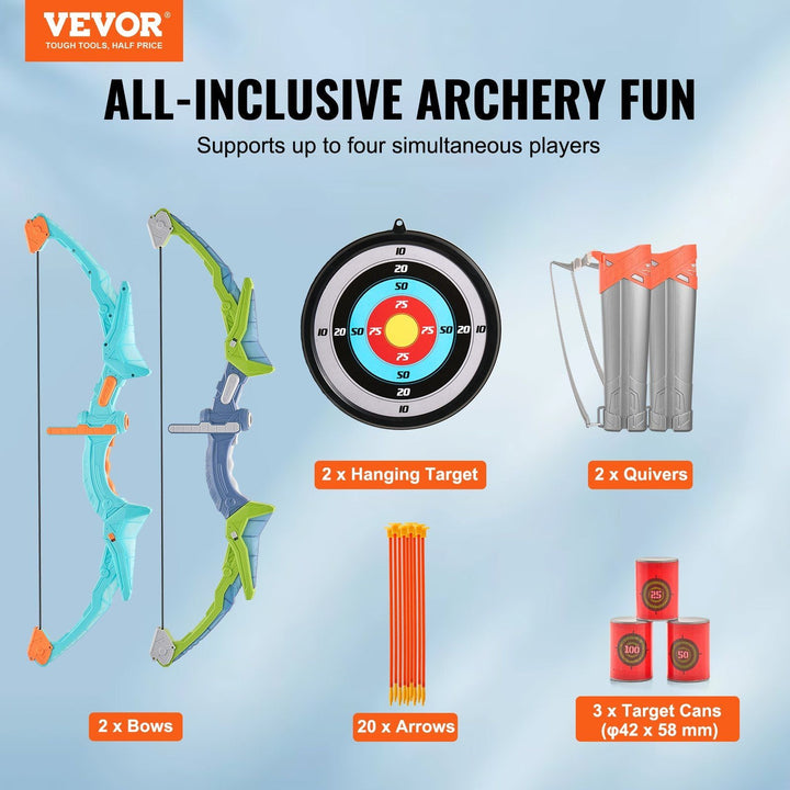 VEVOR Kids Bow and Arrow Set – 2 Pack LED Archery with 20 Suction Arrows, 2 Targets, 2 Quivers & 3 Cans - US Stores
