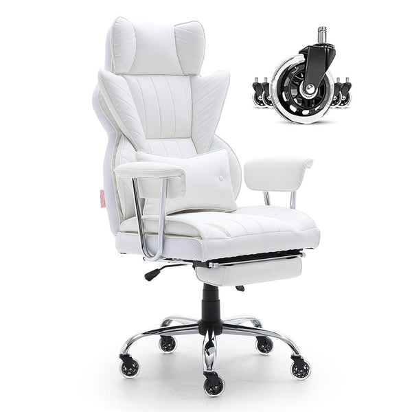 VEVOR Reclining Executive Office Chair with Footrest, PU Leather, Lumbar Support, Metal Base & Wheels, White - US Stores