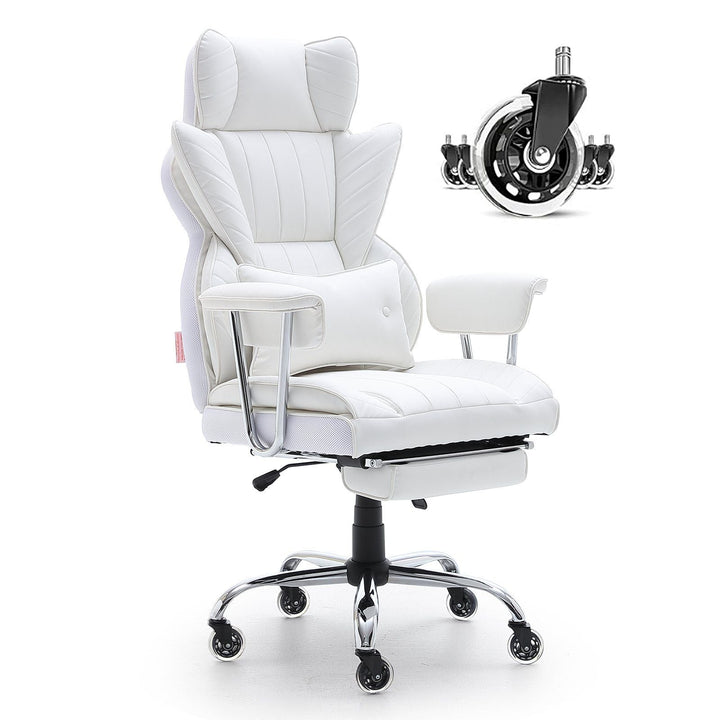 VEVOR Reclining Executive Office Chair with Footrest, PU Leather, Lumbar Support, Metal Base & Wheels, White - US Stores
