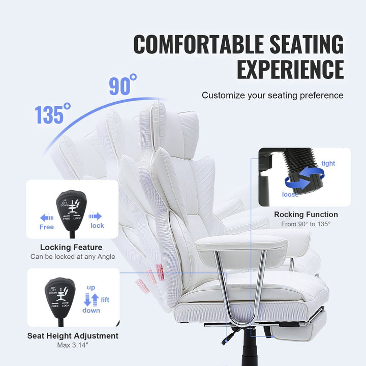 VEVOR Reclining Executive Office Chair with Footrest, PU Leather, Lumbar Support, Metal Base & Wheels, White - US Stores