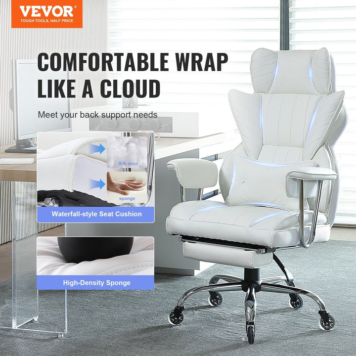 VEVOR Reclining Executive Office Chair with Footrest, PU Leather, Lumbar Support, Metal Base & Wheels, White - US Stores