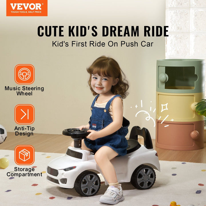 VEVOR Ride On Push Car for Toddlers 1 - 3, Sit to Stand Ride Racer with Music Steering Wheel & Storage, Kids Ride On Toy, White - US Stores