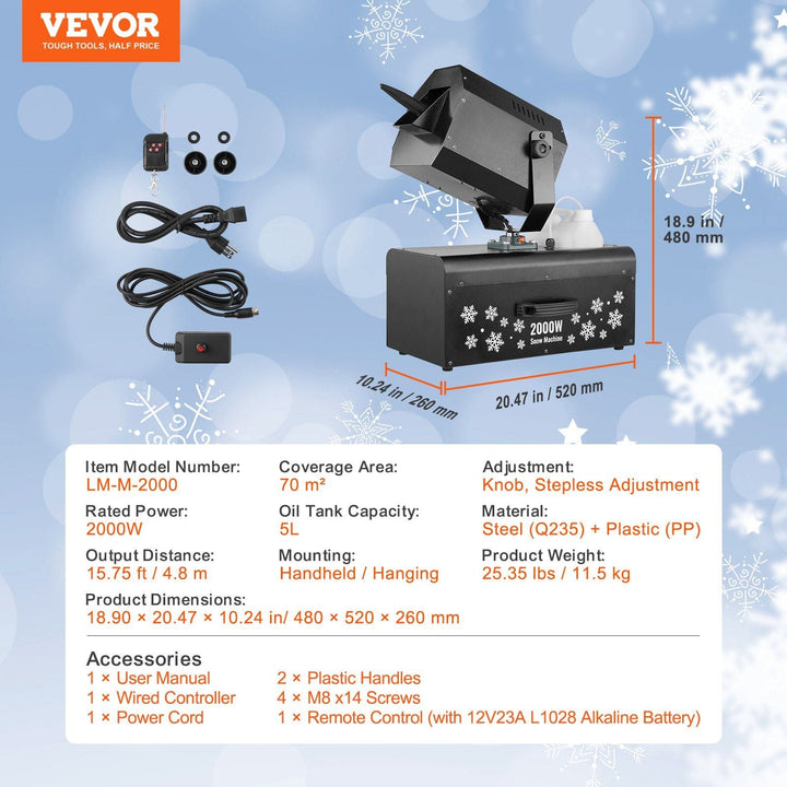 VEVOR Snow Machine 2000W Wireless Remote Swing Snow Making Machine for Holiday - US Stores